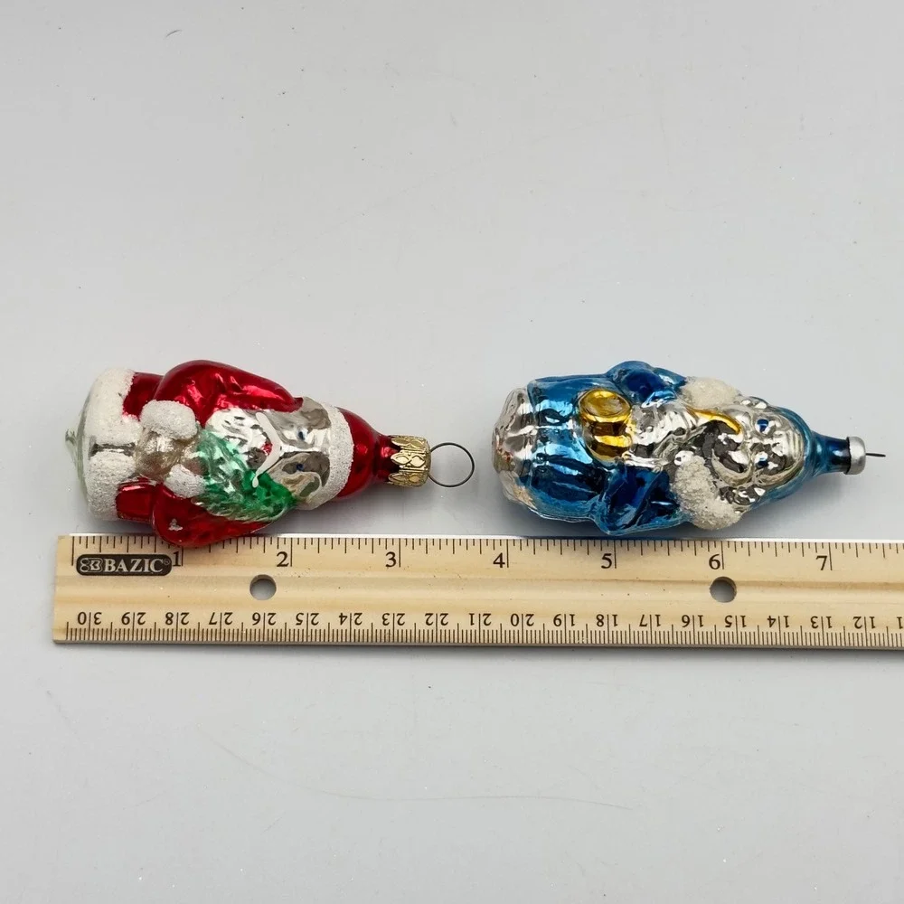 Vtg 2 Blown Glass Ornament Santa Blue Clown‎ Instrument Christmas West Germany